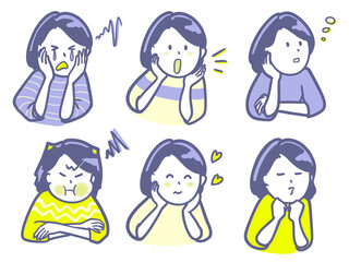 いろいろな表情を見せる女性のイラスト