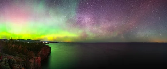 Fotobehang Northern Lights, Aurora Borealis Display over Lake Superior, Minnesota on the North Shore, Stunning Night Sky Lights Wallpaper and Inspirational Nature Background © Vincent