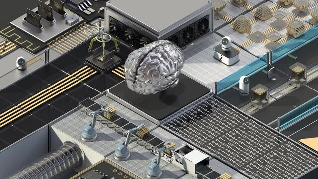 Smart factory controlled by Robotic process automation(RPA). Smart factory concept with an Artificial Intelligence digital brain in the center. 4k animation.