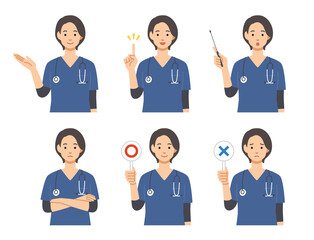 スクラブを着た若い女性医師　6ポーズセット