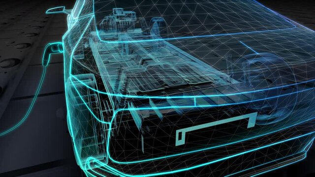 Electronic, hydrogen, lithium ion battery. Autonomous driving car. Charging car battery. X-ray around view. eco-friendly future car. 4k animation.