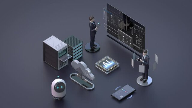 Businessmen analyzing information from data center, big data, artificial intelligence robot, and cloud computing. 4k animation.