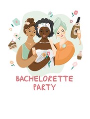 Bride and her friends at a bachelorette party in pajamas. Girls of different nationalities in dressing gowns with elements of a home spa. Holiday with flowers, champagne, sweets. Vector illustration