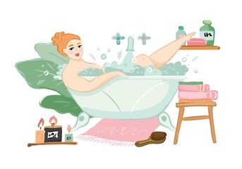 Girl is lying in a bath with foam, candles, floral background isolated on white. Banner concept of morning rituals, procedures with elements of beauty and body care. Home spa. Vector illustration.