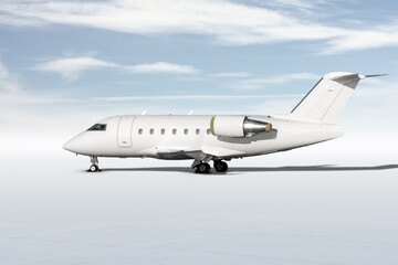 Fototapeta na wymiar Modern white corporate business jet isolated on bright background with sky