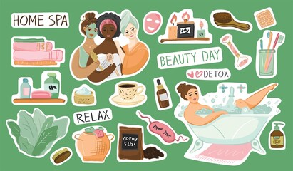 Set of elements of home spa, beauty, relaxation, beauty treatments isolated on the green. Stickers collection of girls in dressing gowns, masks, soap, cosmetics, shampoos. Cute vector illustration.