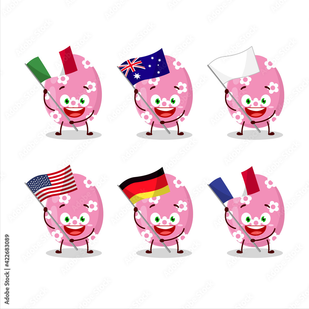 Wall mural Pink easter egg cartoon character bring the flags of various countries