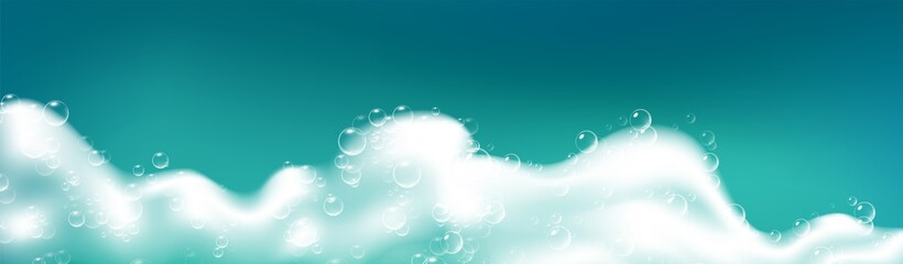 Beautiful blue background with realistic Soap foam with bubbles. Shampoo bubbles texture. Shiny washing hygiene detergent. Empty place for your text. Vector illustration