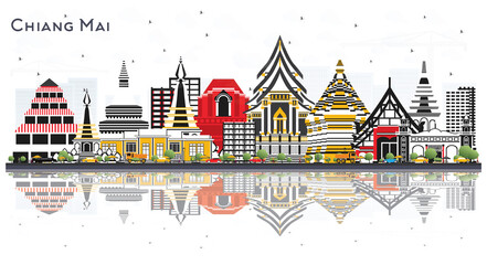 Chiang Mai Thailand City Skyline with Color Buildings and Reflections Isolated on White.