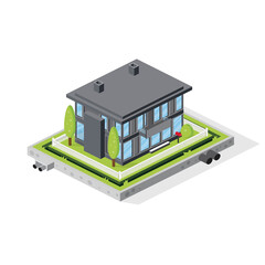 Isometric Residential City Building with Trees and Green Grass on Courtyard.