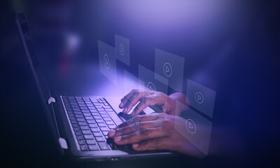 Video streaming on internet. Person watching online movie or TV series on laptop computer screen....