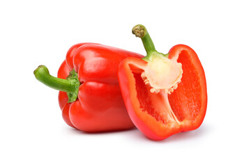 Red bell pepper with cut in half isolated on white background.