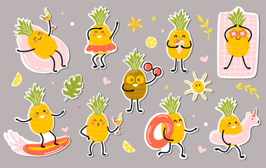 kawaii pineapples stickers. cute fruits enjoy the vacation. vacation at sea. vector illustration in cartoon style.