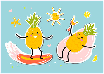 kawaii pineapples stickers. cute fruits enjoy the vacation. vacation at sea. vector illustration in cartoon style.