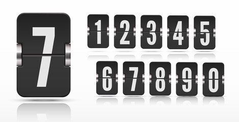 Set of flip score board numbers with reflection floating on different height for black countdown timer or calendar isolated on white. Vector template for your design.