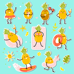 Obraz na płótnie Canvas kawaii pineapples stickers. cute fruits enjoy the vacation. vacation at sea. vector illustration in cartoon style.