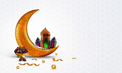Ramadan and Eid concept light Golden color new background photo with dates and Arabic traditional...
