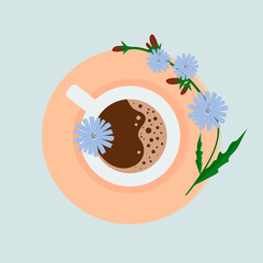 A cup of chicory and chicory flowers. Healthy natural drink.
