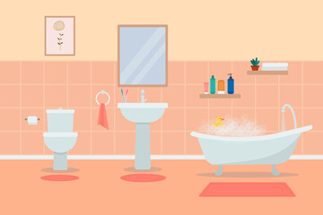 Fototapeta na wymiar Bathroom interior with furniture. Flat vector illustration.