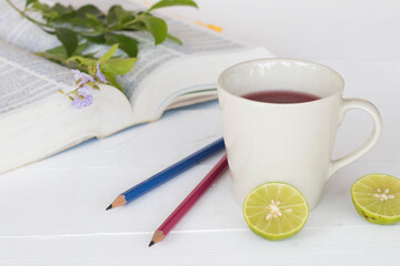 dictionary english  for study of student and healthy drinks  for lifestyle arrangement flat lay style on background white 