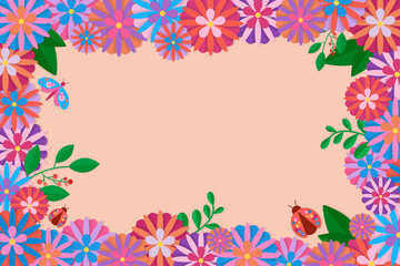 Floral frame with flowers, leaves, butterfly and beetles. Spring or summer concept. Greeting card. Place for text.