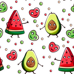 Seamless kawaii pattern with avocado and watermelon. Pattern for fabric or wrapping paper.