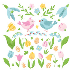 Spring Easter set. Cartoon birds, flowers, Easter eggs, leaves, buds, grass. Hand drawn flat elements, isolated on white background. Vector illustration. 