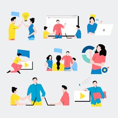 Set of flat design business concept illustrations. Collection of man and woman taking part in business and corporate activities, team work, presentation, dialog, discussion,  business meeting vector