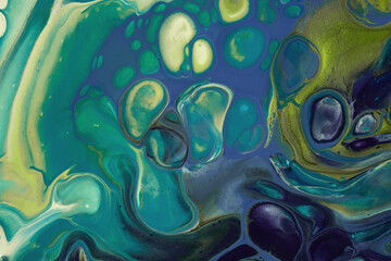 Abstract fluid art background navy blue and green colors. Liquid acrylic painting with cyan gradient and splash