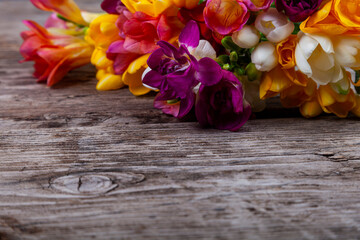 Multi-colored freesias on old wooden background
