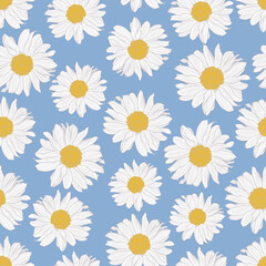 Vector seamless pattern of yellow and white chamomile flowers on light blue background. Decorative print for wallpaper, wrapping, textile, fashion fabric or other printable covers.