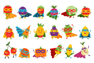 Obraz premium Funny Fruits and Vegetables Wearing Superhero Cloak Vector Illustration Set