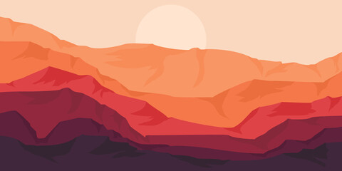 Fototapeta na wymiar flat design vector of sunset in the mountains good for background template, web banner, tourism promotion banner background, adventure design background, hiking tourism design, and wallpaper 
