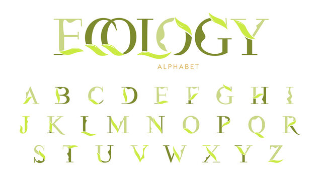 Vector Ecology Alphabet with decorative leafs elements. Modern elegance font with uppercase letters. Vector Illustration.