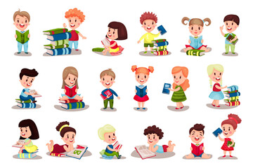 Little Boy and Girl Sitting and Standing Reading Book Vector Illustrations Set