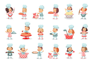 Little Boy ans Girl Characters in Chef Uniform Baking Pastry and Kneading Dough Vector Illustration Set