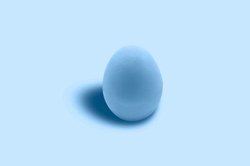 Isolated chicken egg, painted in blue close-up on a blue background. Free space. Minimalism. Tone to tone.