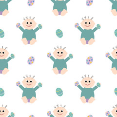 Kid holding Easter eggs on a white background. Easter holiday.