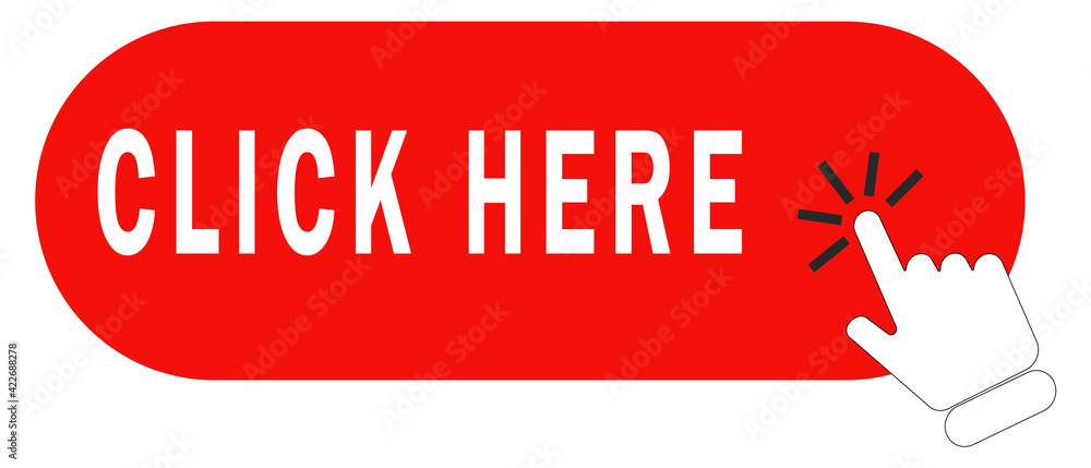 Poster click here red button with hand pointer clicking. click here web button. isolated website buy or reg