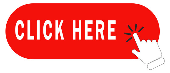 Click here red button with hand pointer clicking. Click here web button. Isolated website buy or register bar icon with hand finger clicking cursor – vector