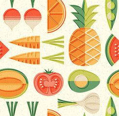 Seamless mid century pattern of fruits and vegetables. For backgrounds, print design, home decor. Healthy food theme. Vector illustration. - 422688431