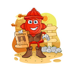 fire hydrant cowboy with wanted paper. cartoon mascot vector
