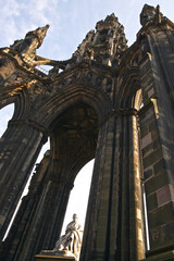 Detailed view of Scott Monument, a Victorian Gothic and ornamented monument to Scottish Sir Walter Scott, on Princes Street Gardens, in Edinburgh
