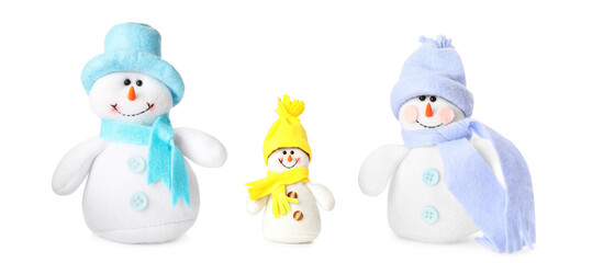 Set with cute small snowman toys on white background. Banner design
