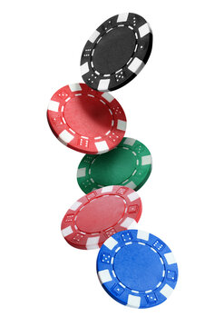Different casino chips falling on white background