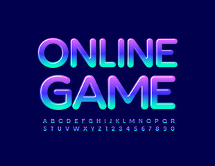 Vector bright sign Online Game. Shiny creative Font. Gradient color Alphabet Letters and Numbers set