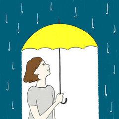 雨の日に蛍光イエローの傘をさす女性のイラスト