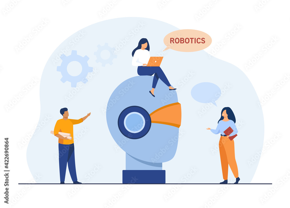 Poster tiny people and giant robot head. laptop, development, computer flat vector illustration. robotics a