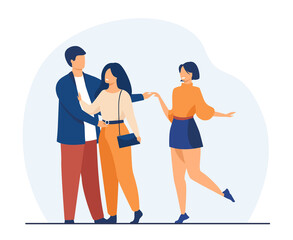 Man cheating his girlfriend with another woman. Love, infidelity, truth flat vector illustration. Relationship and adultery concept for banner, website design or landing web page - obrazy, fototapety, plakaty