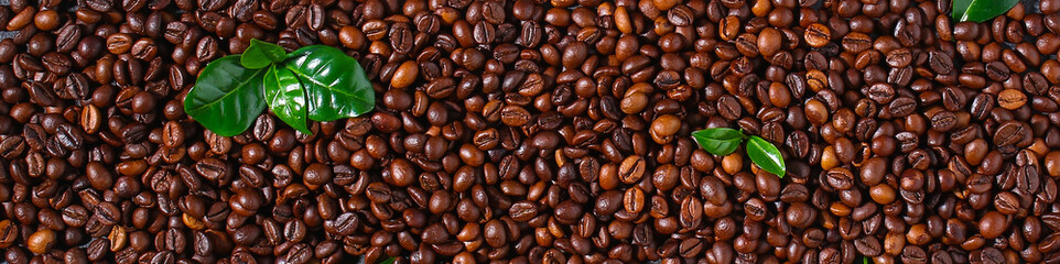 Roasted brown coffee beans on a gray background. Template for advertising coffee. Top view. Banner.